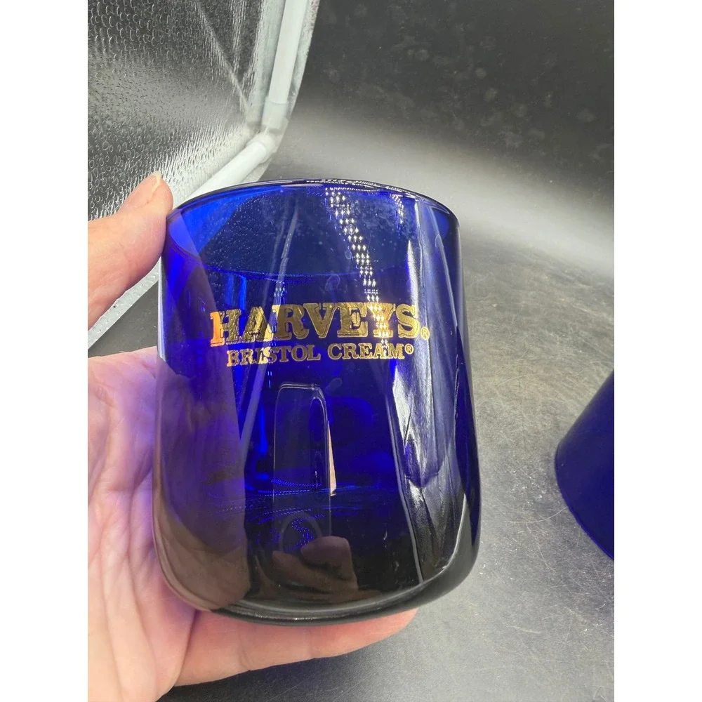 Harveys Bristol Cream Cobalt Blue Sherry Glasses Set of 2 Gold Logo Vintage